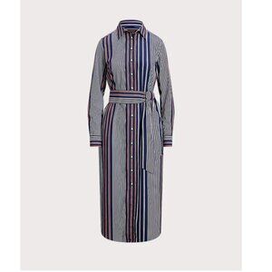 Lauren Ralph Lauren Striped Cotton Broadcloth  Belted Midi Shirtdress Size XL